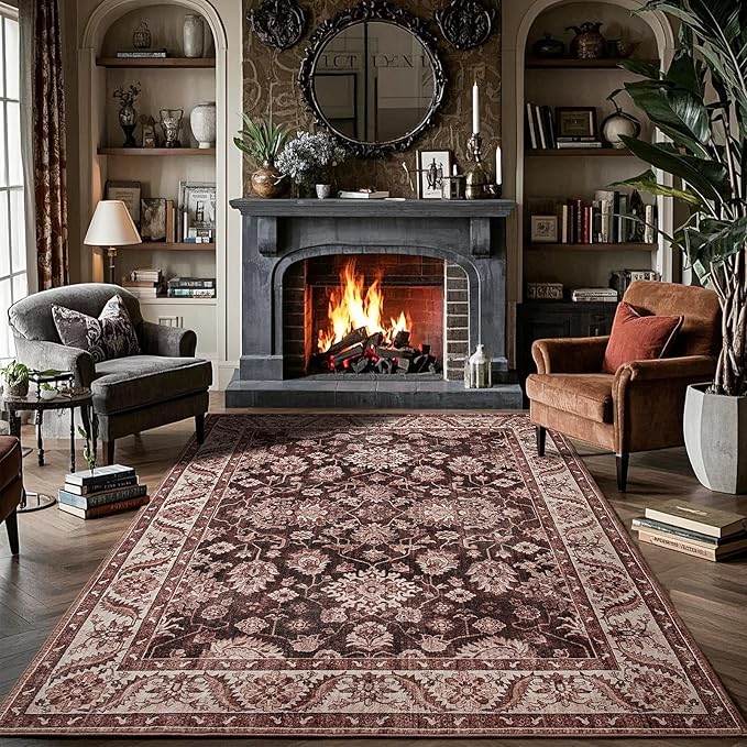 Area Rugs for Living Room, 4x6 Washable Rugs for Bedroom, Non-Slip Retro Floral by Rtizon