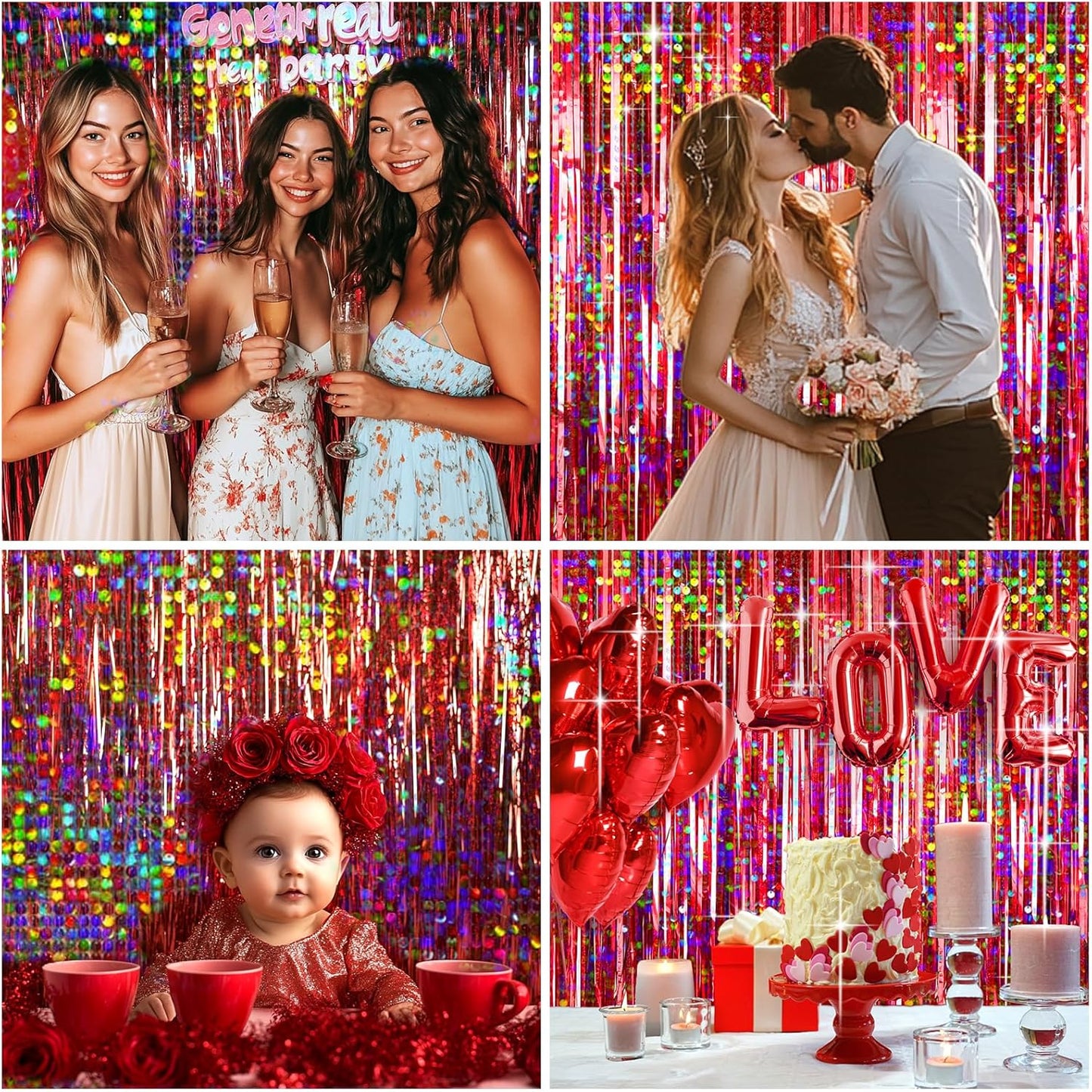 4 Packs Red Foil Fringe Curtain, Red Glitter Metallic Tinsel Backdrop for Birthday, Wedding, Baby Shower, Halloween, Christmas, Carnival, Casino Party Decorations Supplies