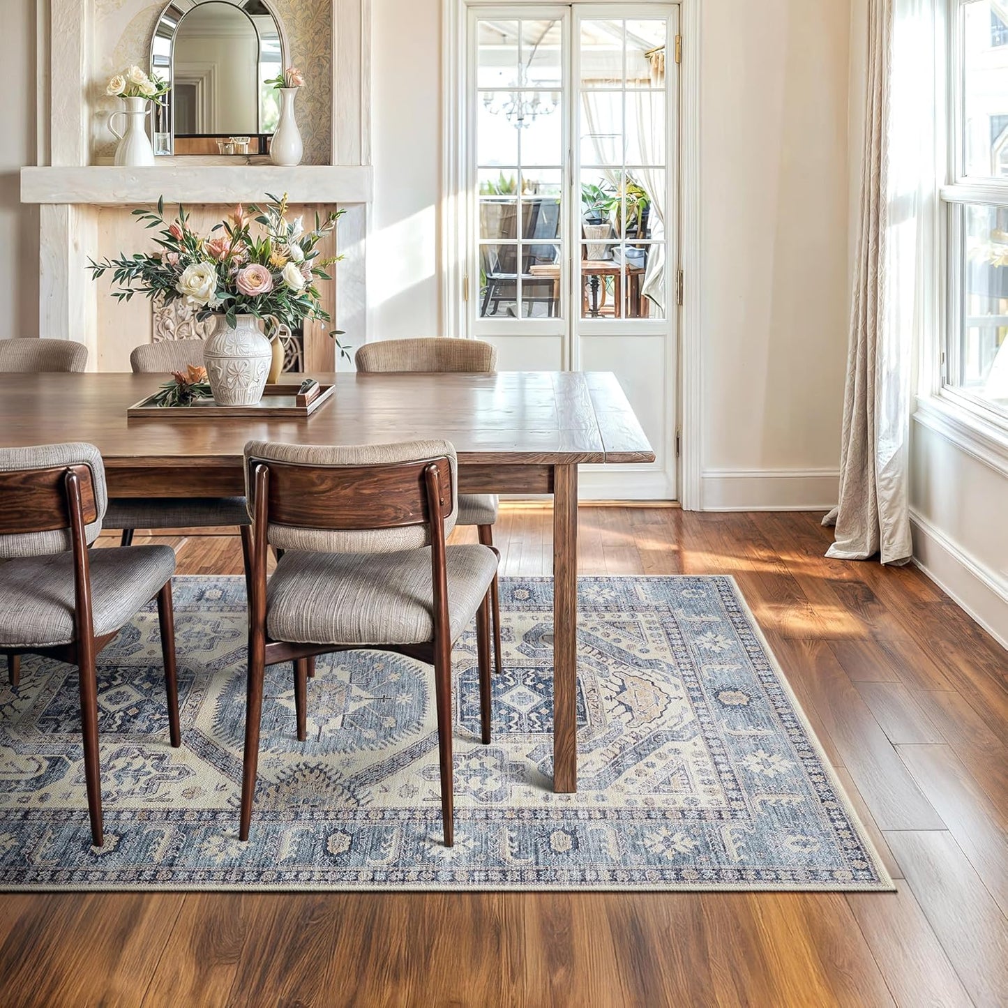 Bloom Rugs Washable Non-Slip 6' x 9' Rug - Blue/Beige Traditional Oriental Area Rug for Living Room, Bedroom, Dining Room, and Kitchen - Exact Size: 6' x 9'