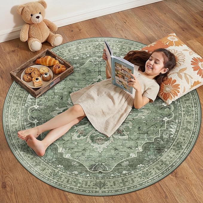 RELEANY Area Rugs Round 4ft Washable Non-Slip, Floral Vintage Distress Print by RELEANY