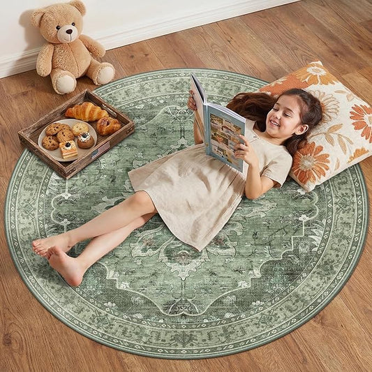 RELEANY Area Rugs Round 4ft Washable Non-Slip, Floral Vintage Distress Print by RELEANY