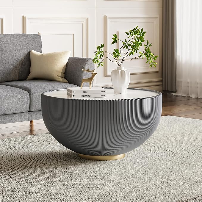 Round Marble Coffee Table 27.56" Bucket Shaped Fluted Coffee Table by Henf