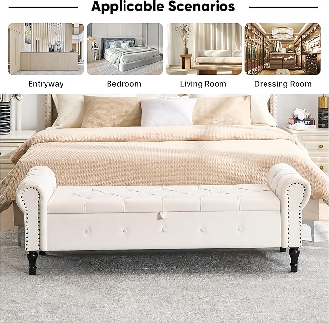 Storage Bench for Bedroom, Velvet 67" End of Bed Bench, King Size Bench - Image 7