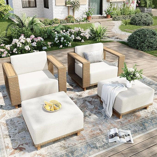 MIXPATIO 4 Pcs Outdoor Patio Furniture Set, 2 Rattan Single Sofa, 2 Ottomans by MIXPATIO