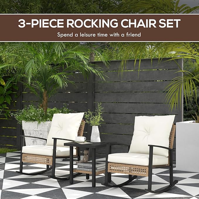 Outsunny 3 Pieces Rocking Wicker Outdoor Bistro Set, Rattan Patio Furniture Set - Image 2