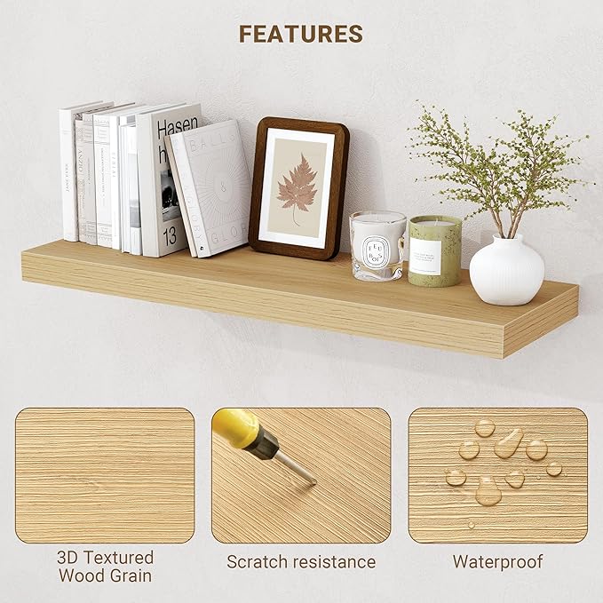 Acovy 40 Inch Floating Shelves, 3D Textured Wood Grain, Wooden Shelves - Image 4