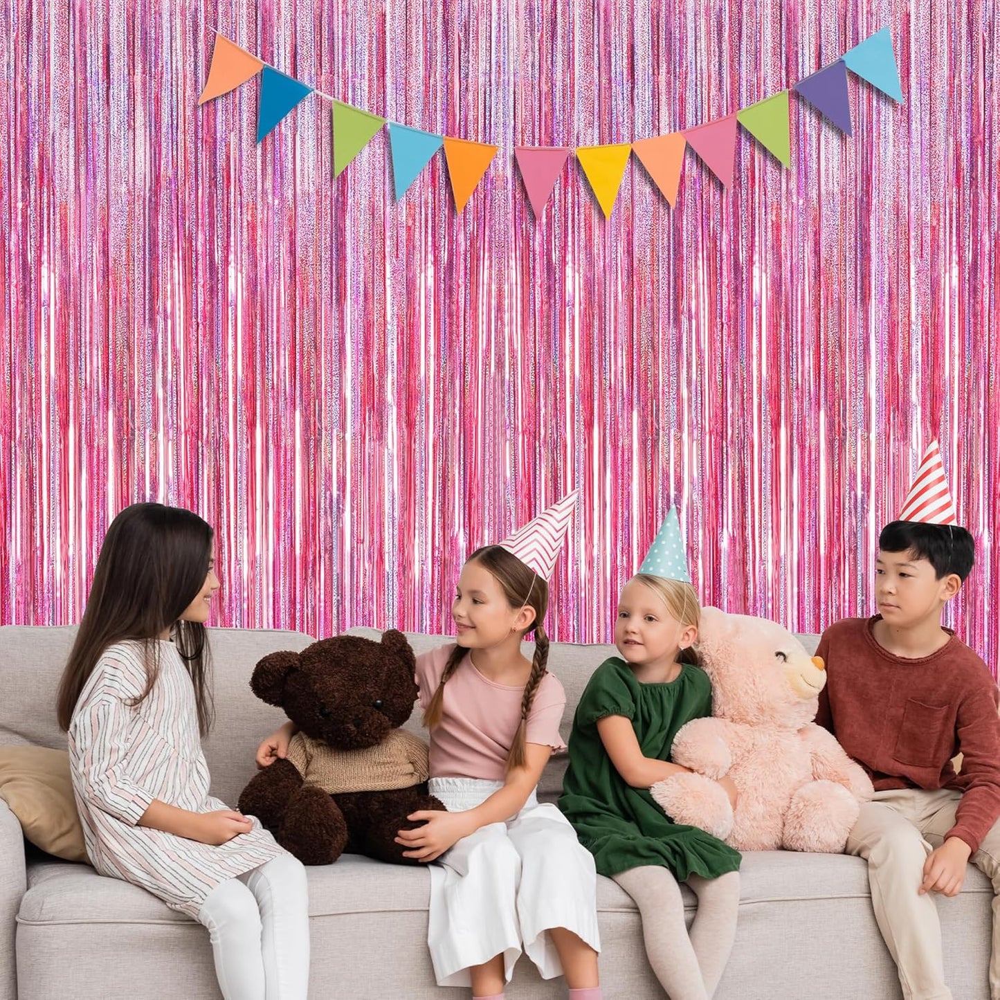 4 Pack Pink Backdrop, 3.28 FT x7.05 FT Foil Fringe Curtains, Metallic Glitter Pink Streamer Fringe Backdrop Foil Curtains, Laser Pink Birthday Party Decorations Bachelorette Decor