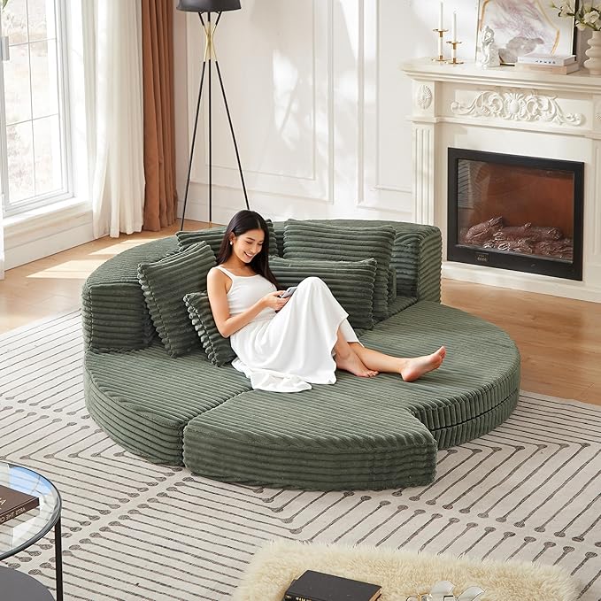 78.5" Corduroy Boneless Round Oversized Sofa, Converts into Two Recliners - Image 3
