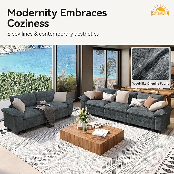 SUNSHINE VALLEY 3 Piece Living Room Furniture Sofa Set, Chenille Modular 2 - Image 8