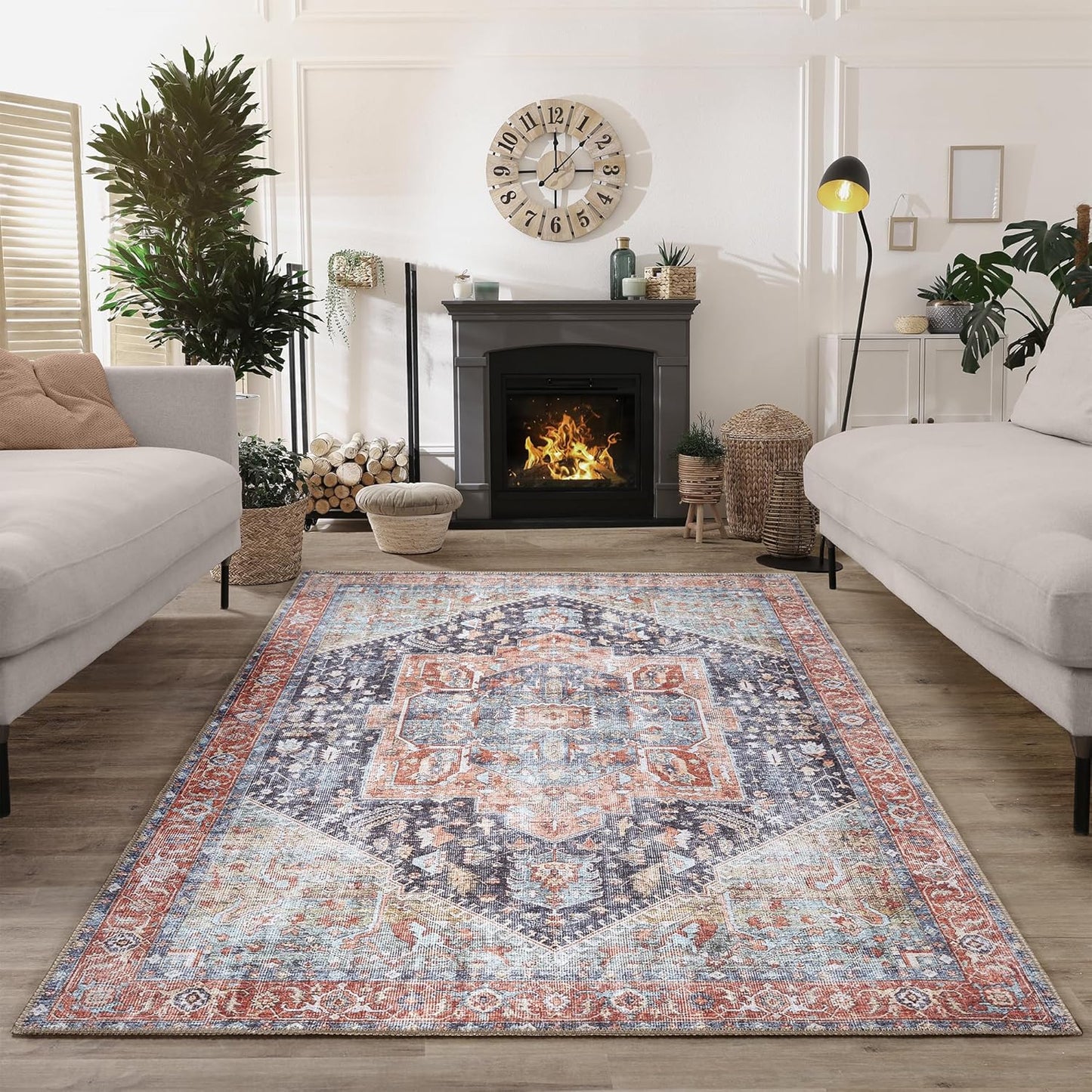 Bloom Rugs Washable Non-Slip 4' x 6' Rug - Terracotta/Blue Traditional Medallion Area Rug for Living Room, Bedroom, Dining Room, and Kitchen - Exact Size: 4' x 6'