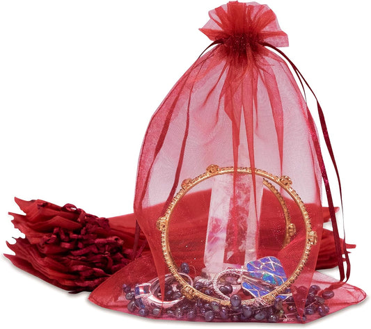 TheDisplayGuys 100-Pack 6x8 Maroon Sheer Organza Gift Bags with Drawstring, Jewelry Candy Treat Wedding Party Favors Mesh Pouch