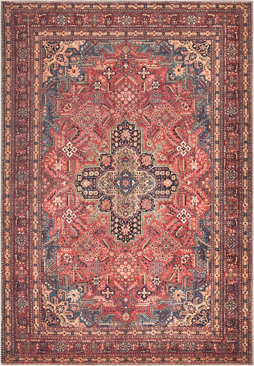 Bloom Rugs Washable Non-Slip 3' x 5' Rug - Red/Teal Blue/Yellow Traditional Medallion Area Rug for Living Room, Bedroom, Dining Room, and Kitchen - Exact Size: 3' x 5'