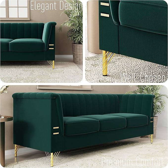 83.46" W Green Velvet Sofa Couch - Image 6