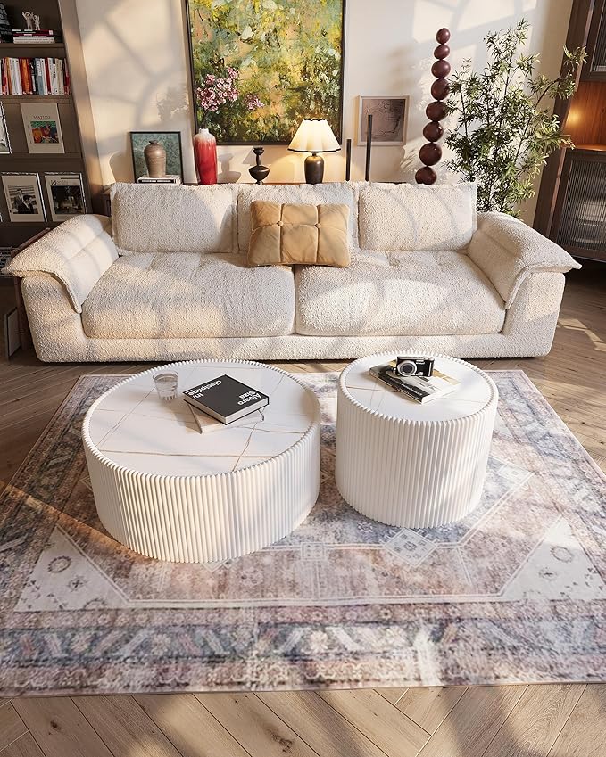 White Marble Coffee Table Set of 2, 29.52" Round Flued Coffee Table and End - Image 9