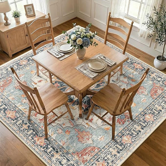 RELEANY Area Rugs Square 7ft Washable Non-Slip, Floral Vintage Distress Print by RELEANY
