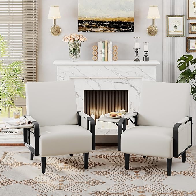 Andeworld Modern Beige Accent Chair Set of 2, PU Leather Upholstered Armchair - Image 6