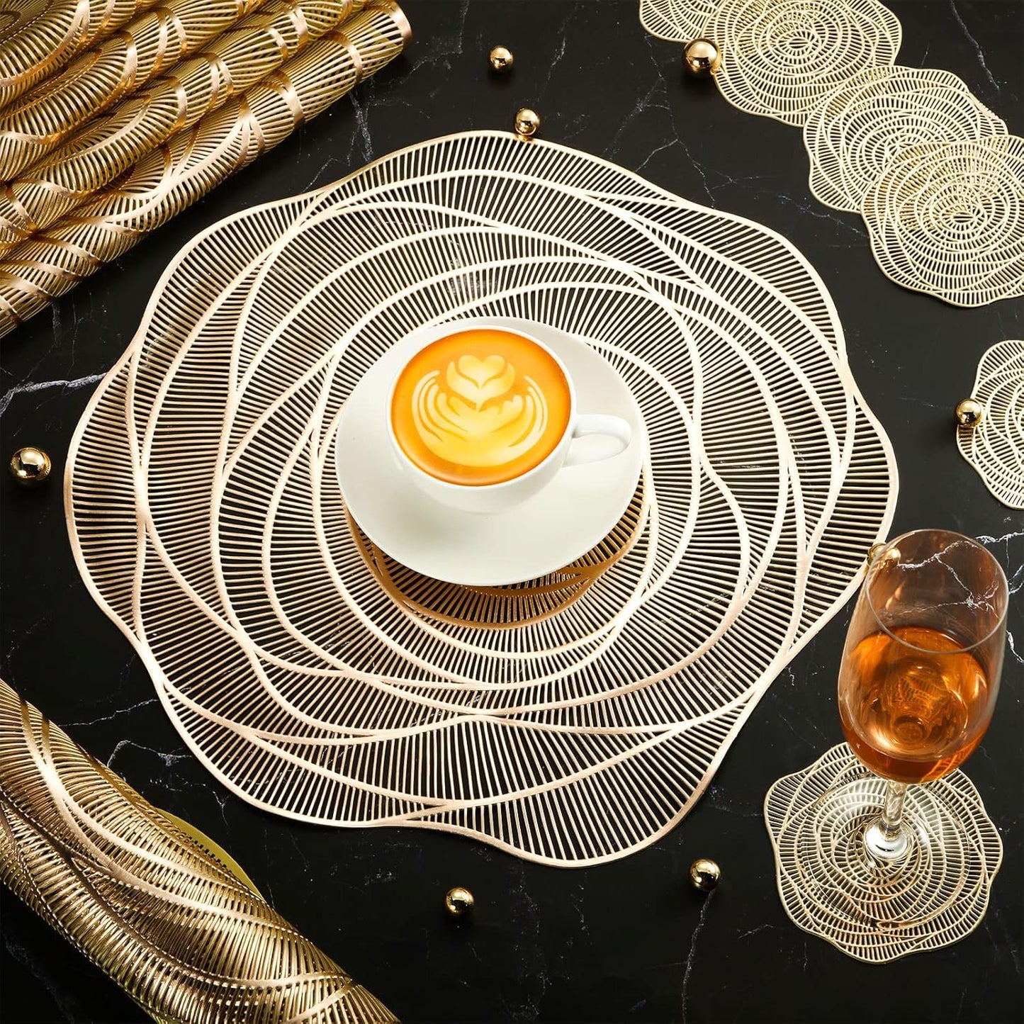 Sieral 12 Set 15 Inch Round Pressed Vinyl Placemats Hollow Out Rose Placemat Set Metallic Slip Resistant Place Mat Coaster Including Place Mats and Coasters for Wedding Dining Kitchen (Gold)