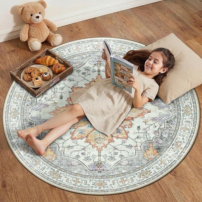 RELEANY Area Rugs Round 4ft Washable Non-Slip, Floral Vintage Distress Print by RELEANY
