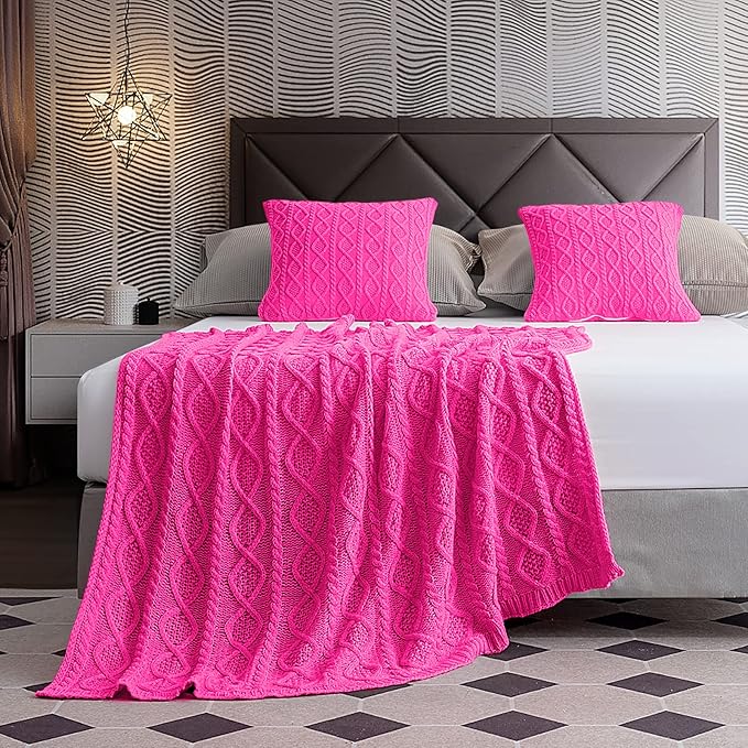 Homiest Hot Pink Cable Knit Throw Blanket Set of 3, Soft & Cozy Acrylic Blanket - Image 5