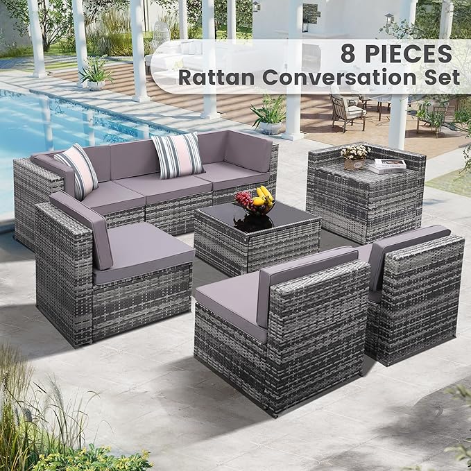 KROFEM 8-Piece Patio Furniture Set, Outdoor Wicker Rattan Sectional - Image 2