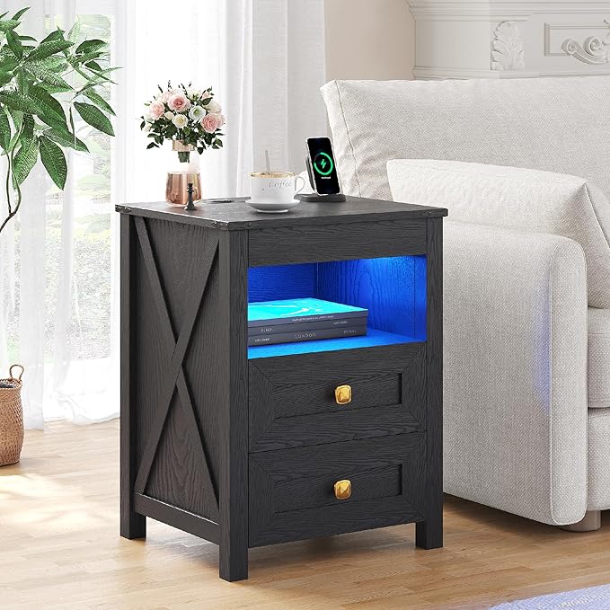 HWB LED Nightstand with Gun Drawer: Bedside Table with Charging Station by HWBEnjoywarmhome