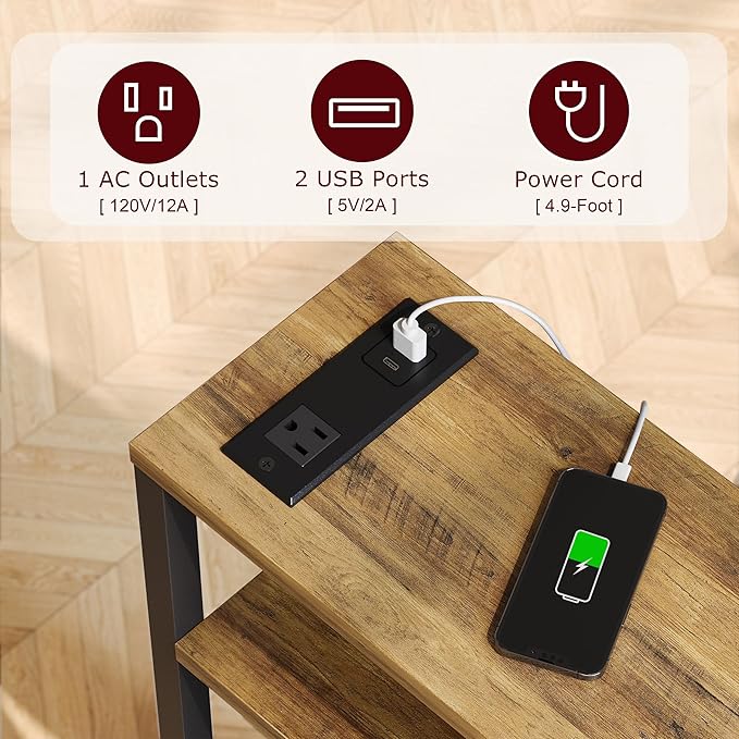 Narrow Side Table with Charging Station Slim End Table Sofa with Magazine Rack - Image 4