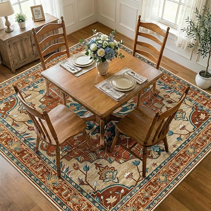 RELEANY Area Rugs Square 8ft Washable Non-Slip, Floral Vintage Distress Print - Image 2