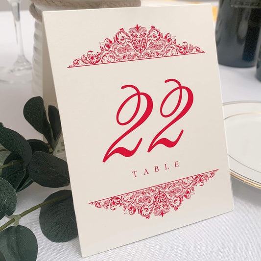 Paisley Wedding Table Numbers (Select Color/Quantity), Champagne, Ruby Red, 1-40, Double Sided, Tent or Use in a Stand, Great for Parties & Restaurants - Made in the USA