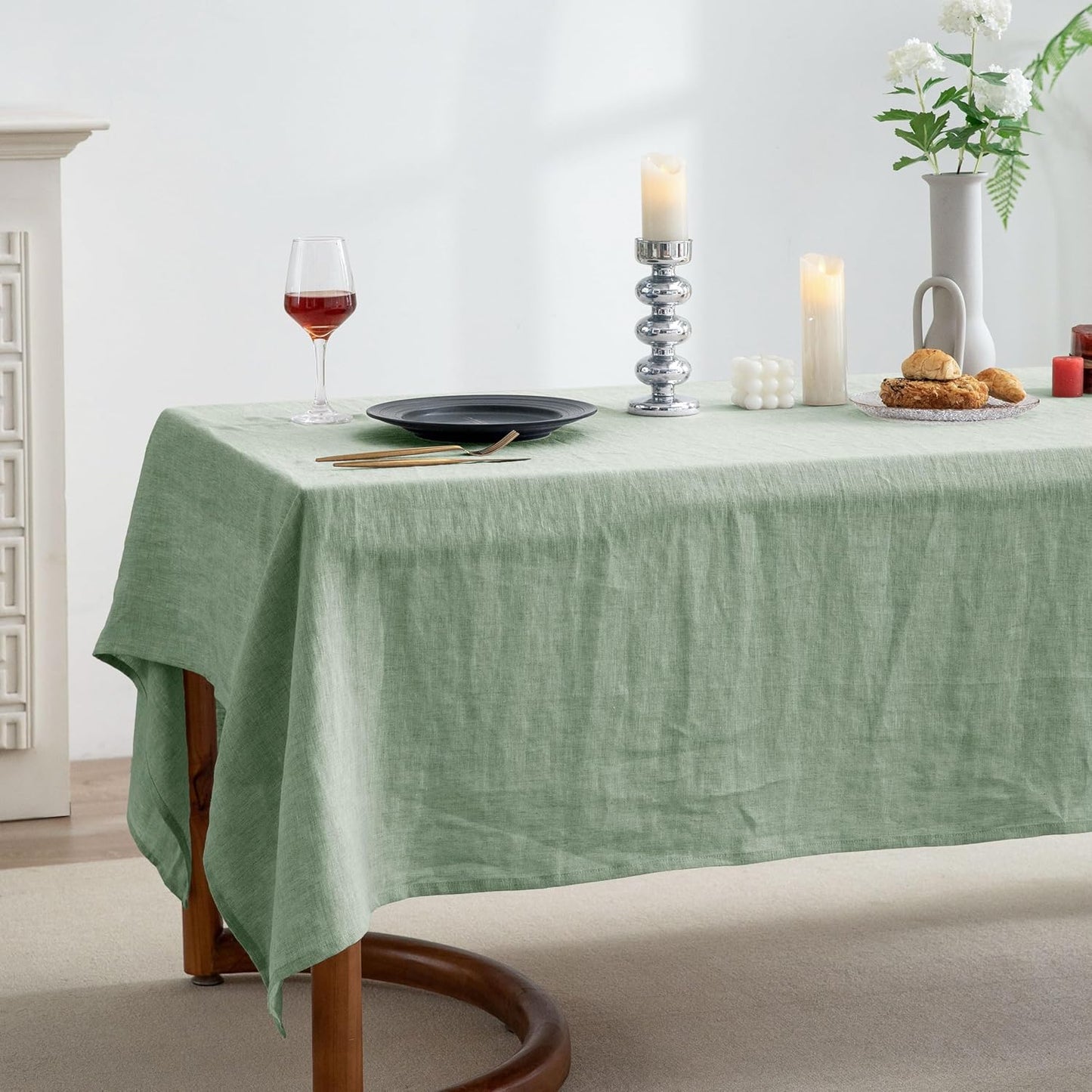 EVERLY 100% Pure Linen Rectangle Tablecloths 60x108Inches for Dining,Buffet Parties,Picnic,Events,Weddings and Restaurants,Decorative Halloween,Thanksgiving Machine Washable Tablecloths-SaGa Green