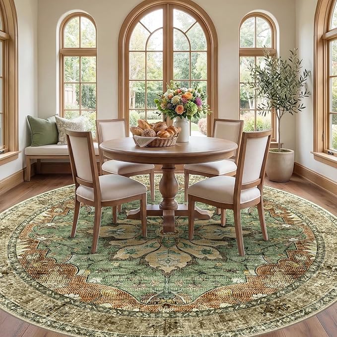 RELEANY Area Rugs Round 8ft Washable Non-Slip, Floral Vintage Distress Print - Image 2