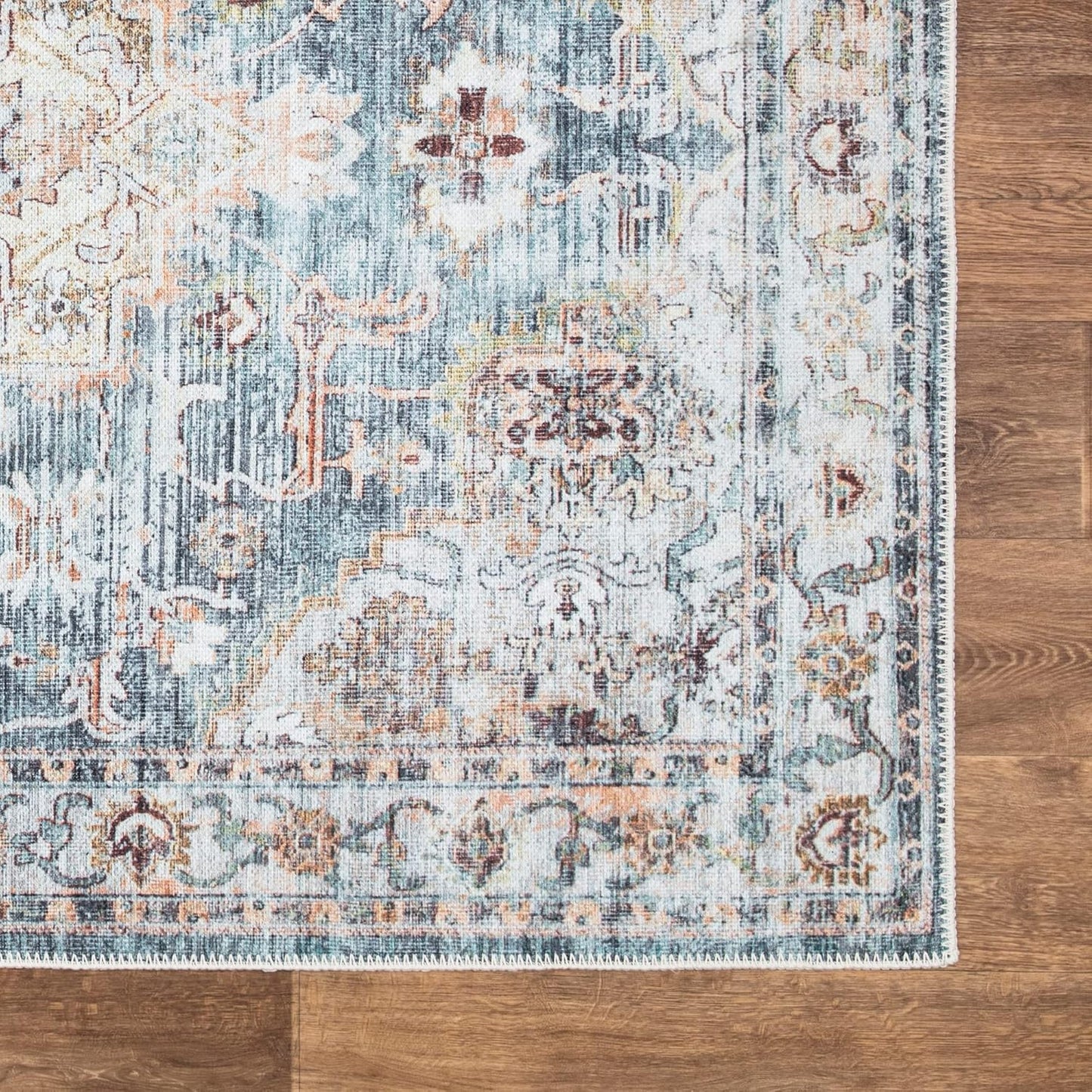 Bloom Rugs Washable Non-Slip 4' x 6' Rug - Teal/Peach Traditional Area Rug for Living Room, Bedroom, Dining Room, and Kitchen - Exact Size: 4' x 6'