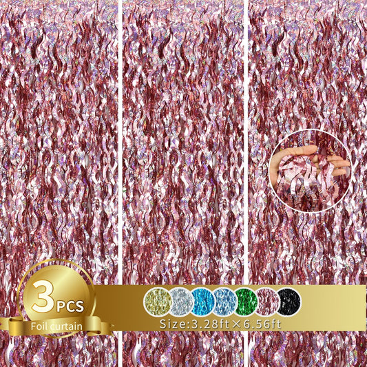 TONIFUL 3Pcs Wavy Metallic Tinsel Foil Fringe Curtains Rose Gold Streamer Backdrop for Photo Booth Props,Party Door Wall Curtain,Bachelorette,Birthday,Anniversary,Bridal Shower Decor (9.9ft x 6.6ft)