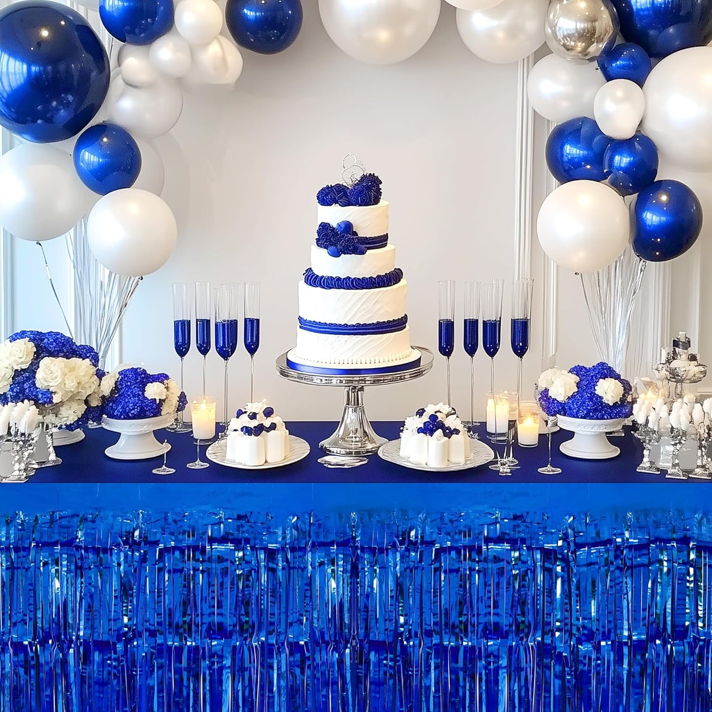 2 Pack Red Dark Blue Table Skirts, 29x108" Metallic Foil Tinsel Fringe Table Skirt for Rectangle Tables Streamer Curtains Backdrop, Party Decorations for Birthdays, Weddings, Holidays