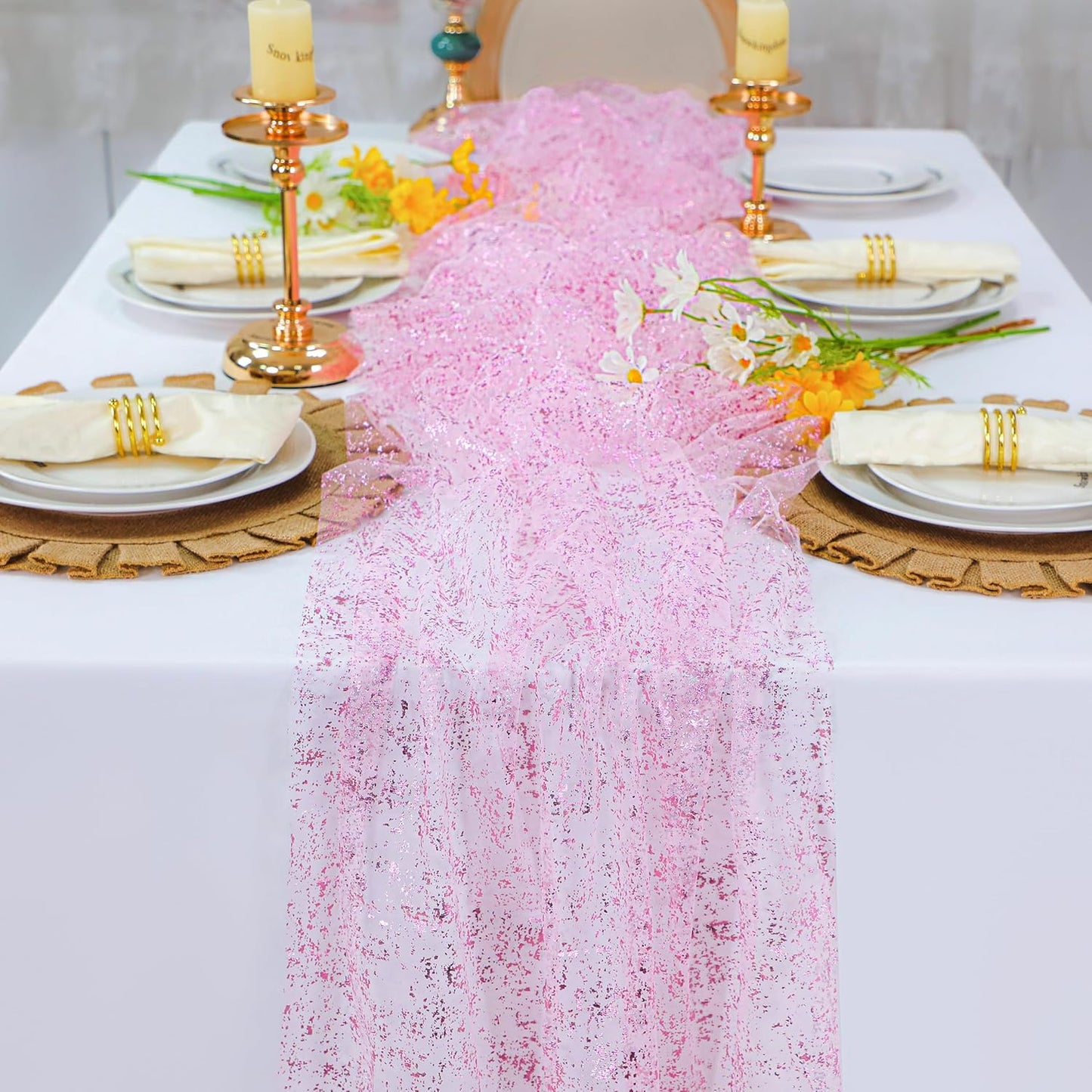 Snowkingdom 10 FT Pink Table Runner, Sequin Glitter Sheer Chiffon Gauze Cheesecloth Pastel Runner 120 Inch , Pink Party Table Decoration for Birthday Wedding Bridal Baby Shower Spring Summer Holiday