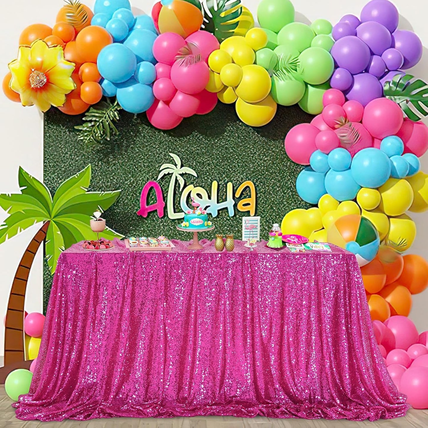 QueenDream Sparkly Sequin Tablecloth - Fuchsia Table Cloth 50x80 Inches Rectangle Table Overlay Fabric for Birthday Parties Baby Shower Decoration