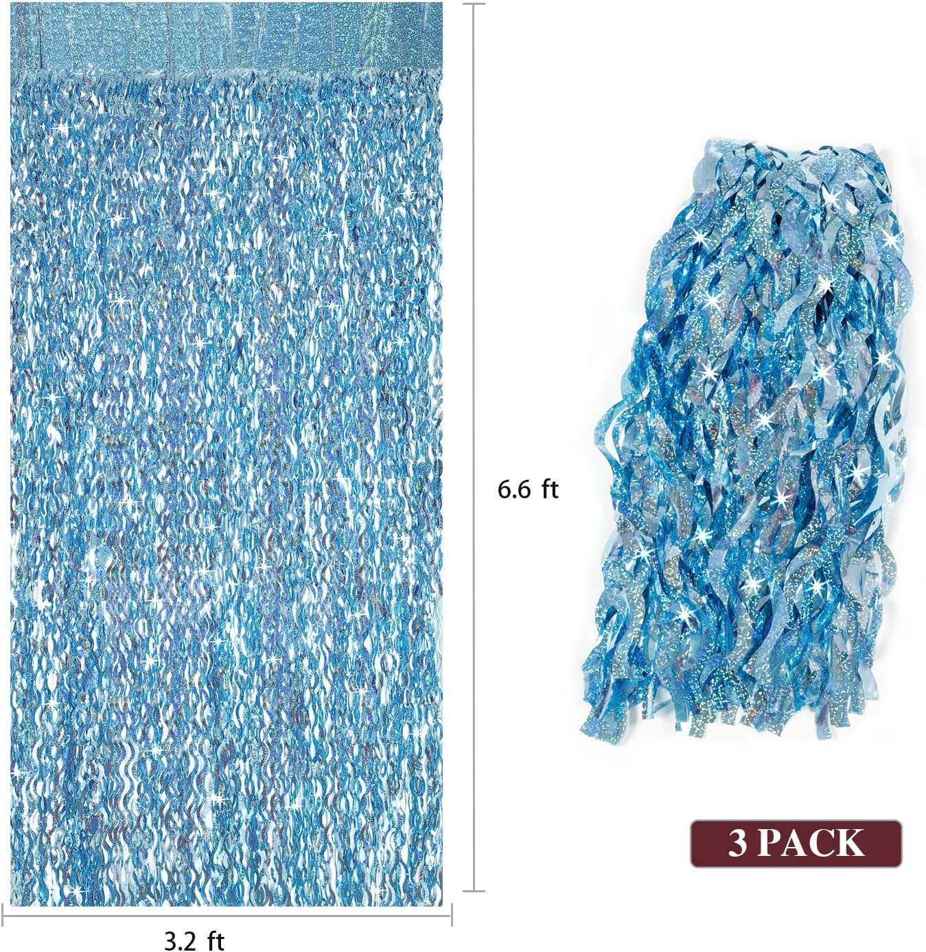 3 Pack 3.3 ft x 6.6 ft Tinsel Foil Fringe Curtain Blue - Foil Fringe Backdrop Wall Curtains for Baby Shower,Mermaid,Under The Sea,Ocean,Frozen Party Decorations