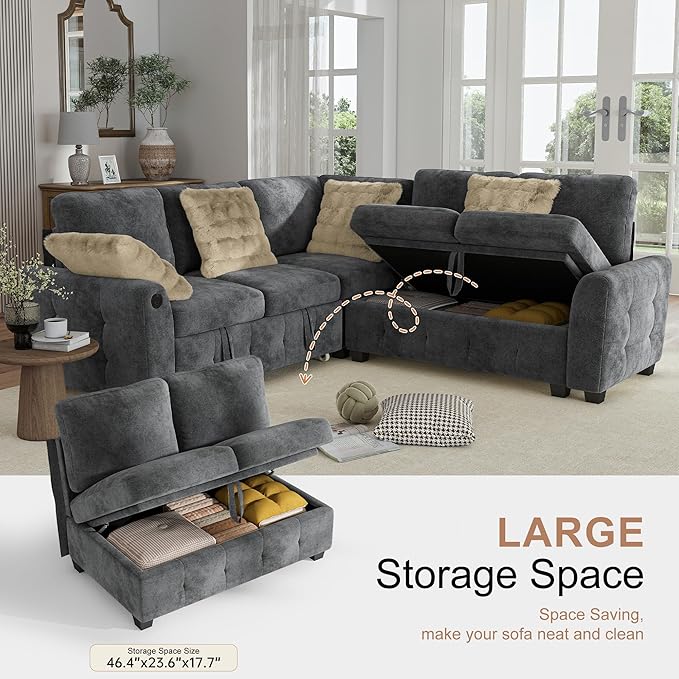 Hanherry Sectional Couch with Pull Out Sofa Bed, Chenille Sleeper Sofa with 2 - Image 3