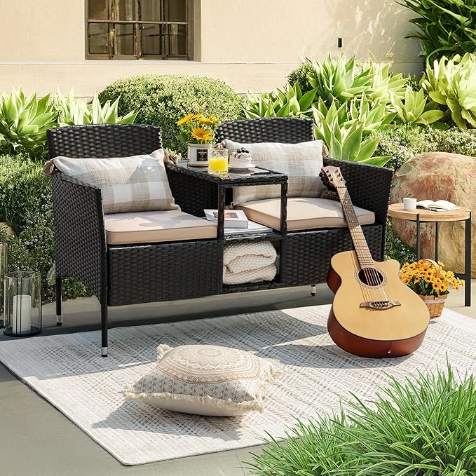 Devoko Outdoor Patio Loveseat Modern Rattan 2-Seat Patio Conversation Set - Image 6