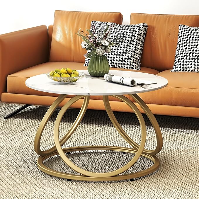 O&K FURNITURE Gold Round Coffee Table, Faux Marble Top - Image 9