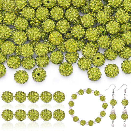 160pcs 10mm Rhinestone Beads for Jewelry Making, Olivine Shiny Round Disco Ball Beads Bulk, Sparkle Crystal Clay Christmas for Bracelet Baseball Necklace Earring Crafting and DIY