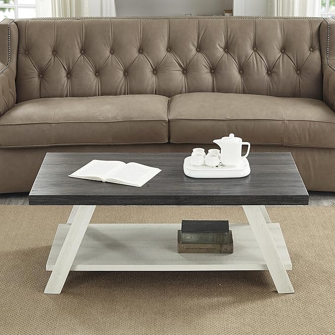 Contemporary Two-Tone Wood Coffee Table 48 in, Weathered Charcoal and Beige by Noeko