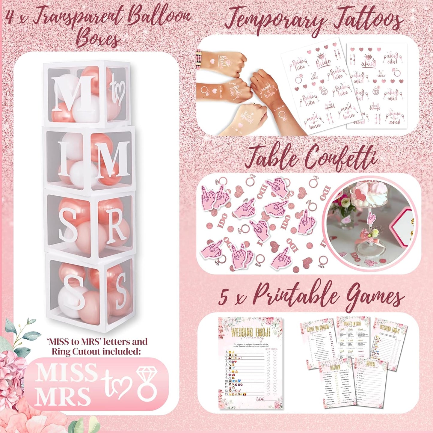 189 pc Bridal Shower Party Decorations – Balloons, Bride to Be Sash, Veil, Headband, Backdrop, Props – Pink Bachelorette Party Decorations for Engagement, Wedding, Rose Gold Bridal Shower Decorations