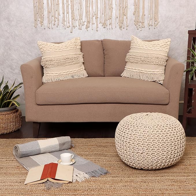REDEARTH Round Pouf Ottoman –18"x18"x14" Hand-Knitted Cotton Pouffe –Cable - Image 7