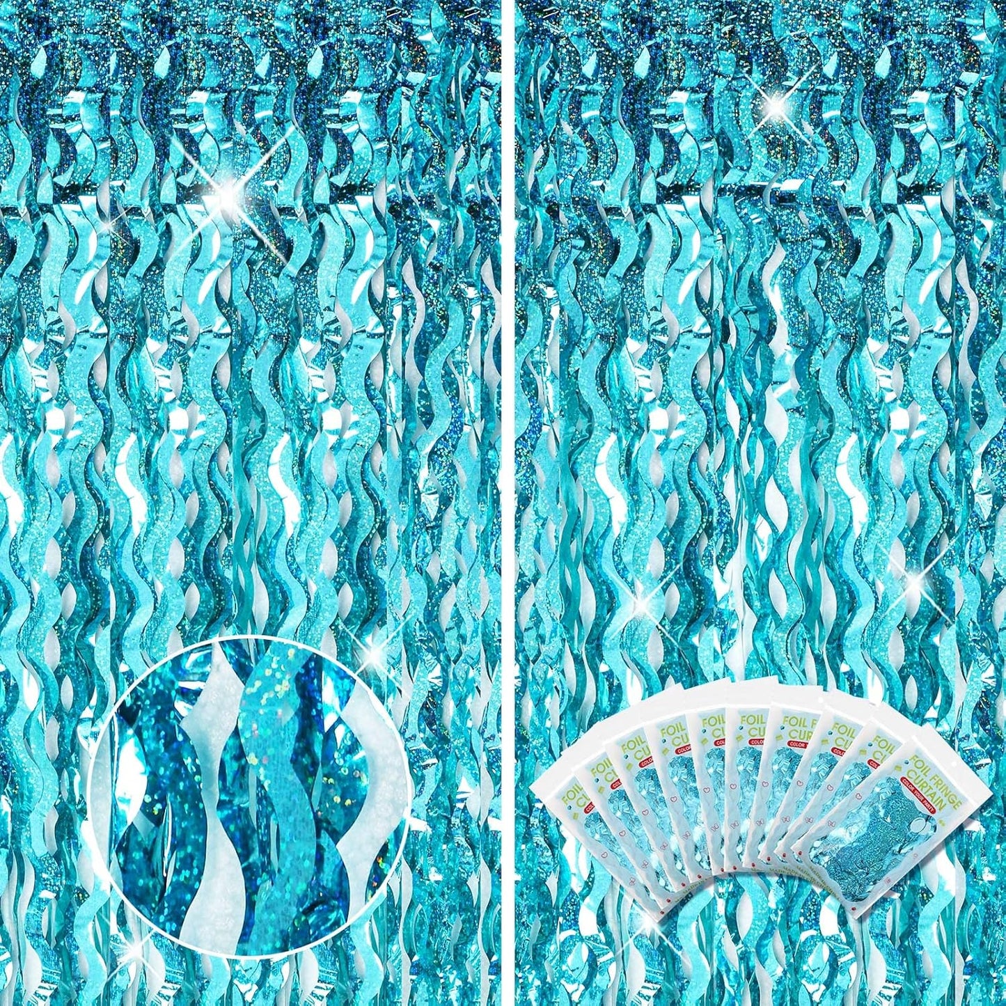10 Pieces 3.3 x 6.6 Ft Foil Fringe Backdrop Party Wavy Tinsel Fringe Curtain Streamer for Happy New Year Carnival Party Favor 80s 90s Disco Ocean Sea Mermaid Birthday Wedding(Blue Green)
