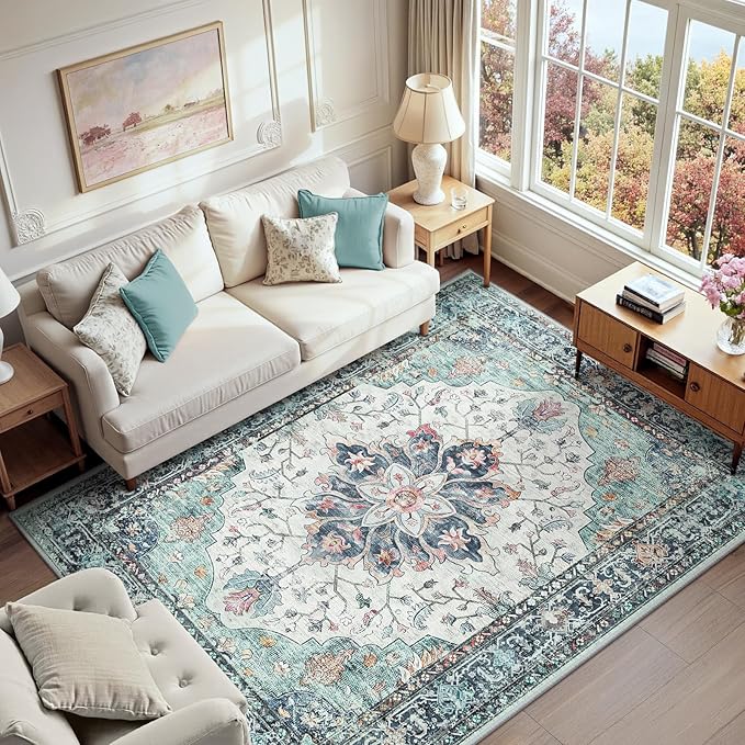 RELEANY Area Rugs 6'x9' Washable Non-Slip, Floral Vintage Distress Print by RELEANY