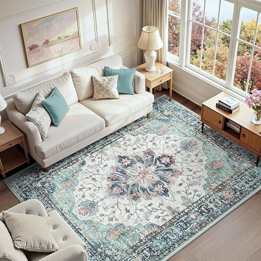 RELEANY Area Rugs 6'x9' Washable Non-Slip, Floral Vintage Distress Print by RELEANY
