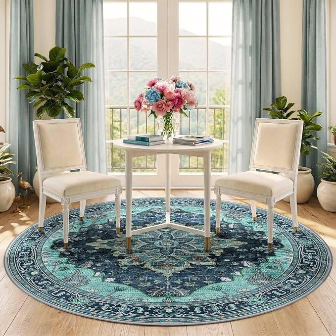 RELEANY Area Rugs Round 5ft Washable Non-Slip, Floral Vintage Distress Print - Image 2