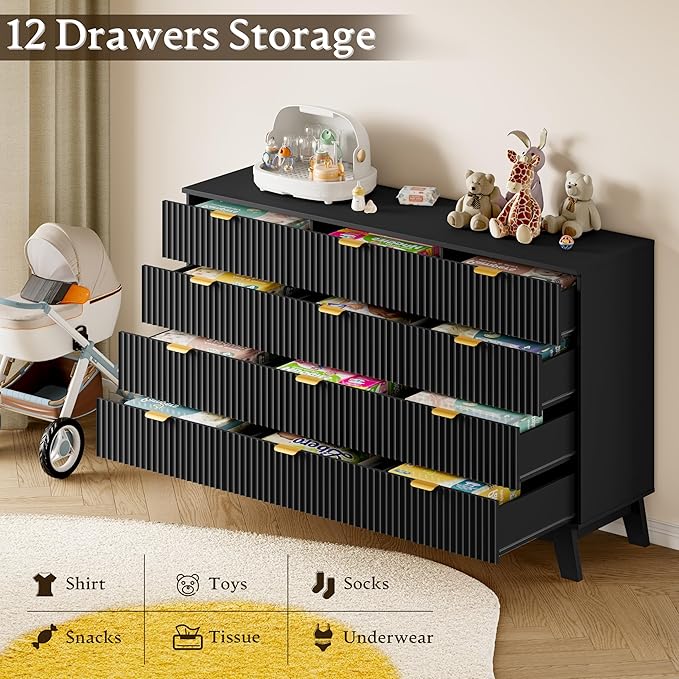 BORNOON 57" Wide Dresser for Bedroom, 12-Drawer Fluted Dresser - Image 3