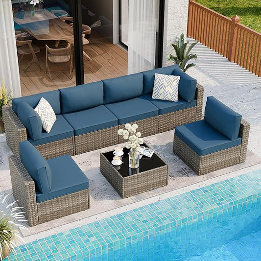 7 Piece Outdoor Patio Furniture Set, Natural PE Rattan Wicker Sectional Sofa by Shintenchi%7CFurnitureMadeforRealLife