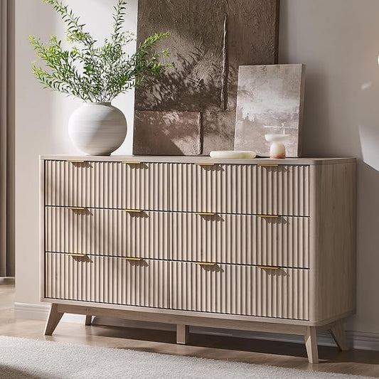 T4TREAM Fluted 6 Drawers Dresser, Curved Profile Design, Dresser TV Stand by T4TREAMFurniture